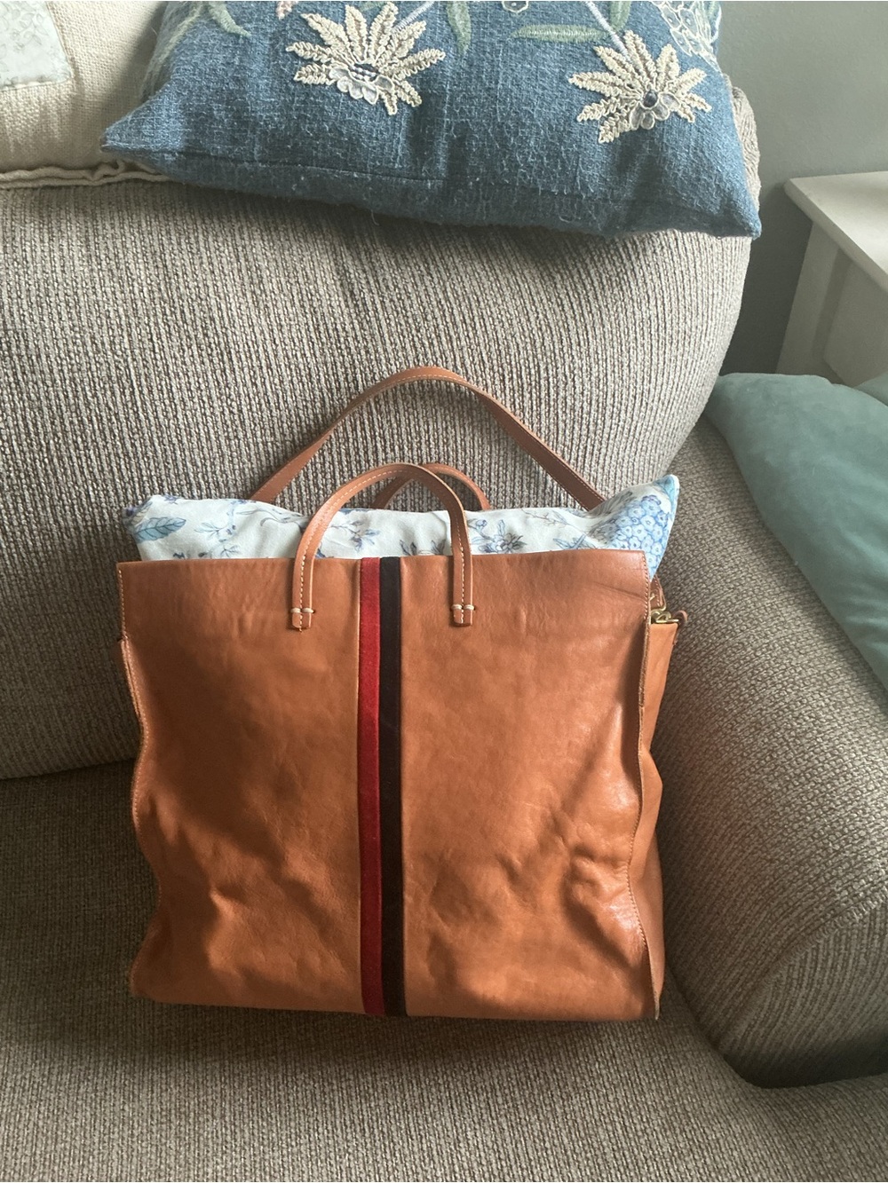 Clare V Tan Leather Tote with Red and Brown Stripe - Picture 12 of 12
